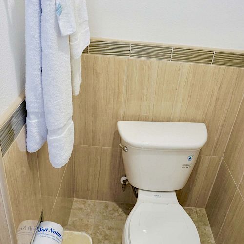 The image shows a small bathroom with a toilet, towel rack with white towels, a small trash bin, and a toilet paper roll.