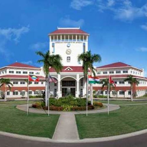 A large, multi-story building with red roofs, palm trees, and multiple flagpoles stands against a clear blue sky on a well-maintained circular driveway.